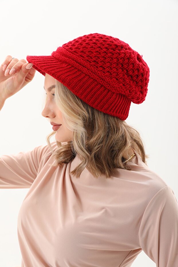 Siperli Çift Kat Kırmızı Triko Örme Bere - 5