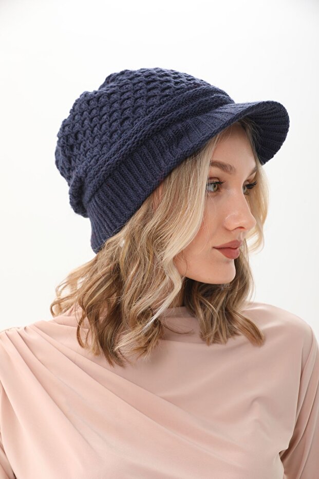 Siperli Çift Kat Lacivert Triko Örme Bere - 6