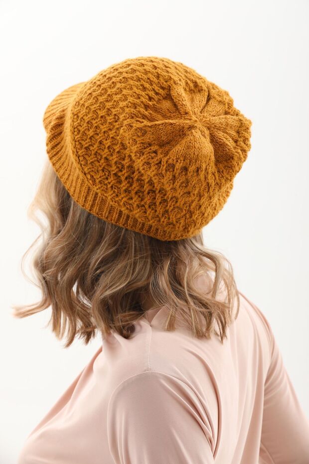 Siperli Çift Kat Hardal Triko Örme Bere - 5