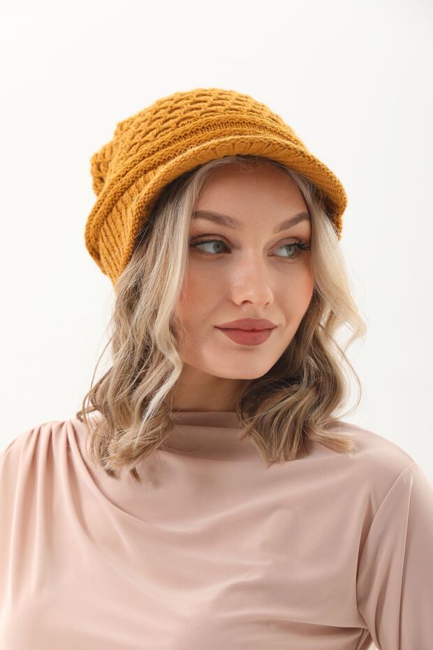 Siperli Çift Kat Hardal Triko Örme Bere - 3