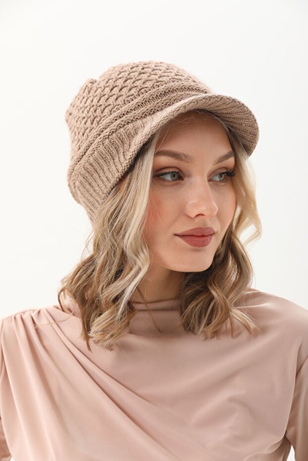 Siperli Çift Kat Bej Triko Örme Bere - 3