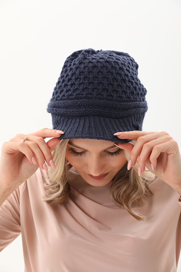 Siperli Çift Kat Lacivert Triko Örme Bere - 4