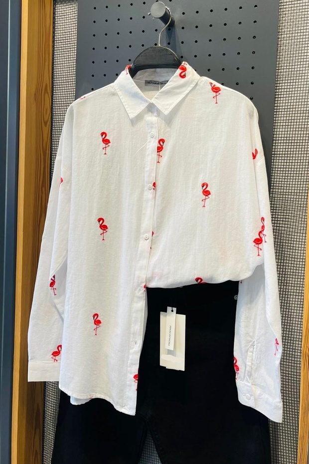 Women's White Flamingo Embroidered Oversize 100% Cotton Shirt