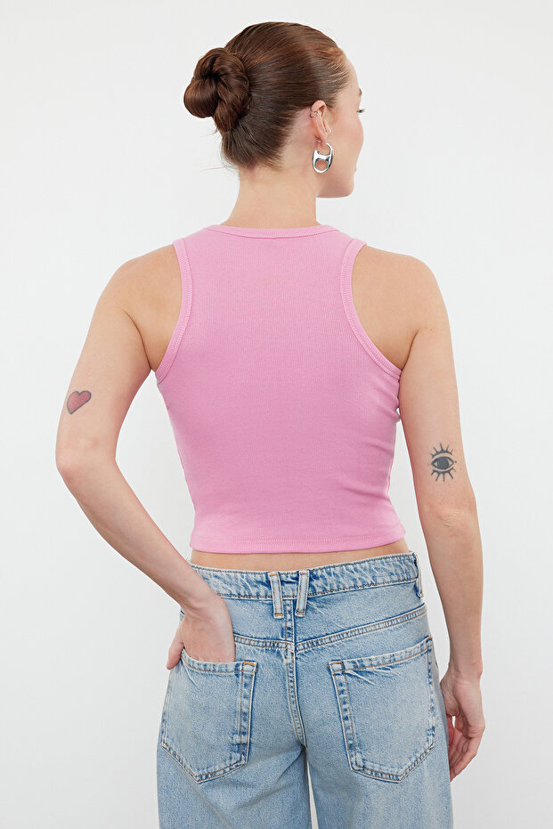 Pembe-Beyaz 2'li Paket Vücuda Oturan Crop Halter Yaka Fitilli Esnek Örme Atlet TWOSS21AL0058 - 6