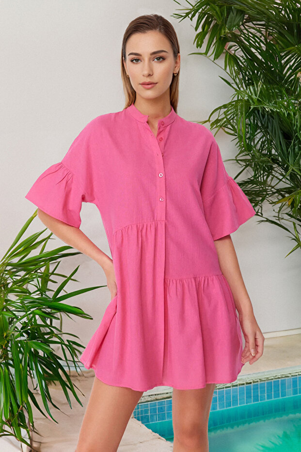 Pembe Dokuma Volanlı Plaj Mini Elbise TBESS20EL0873 - 2