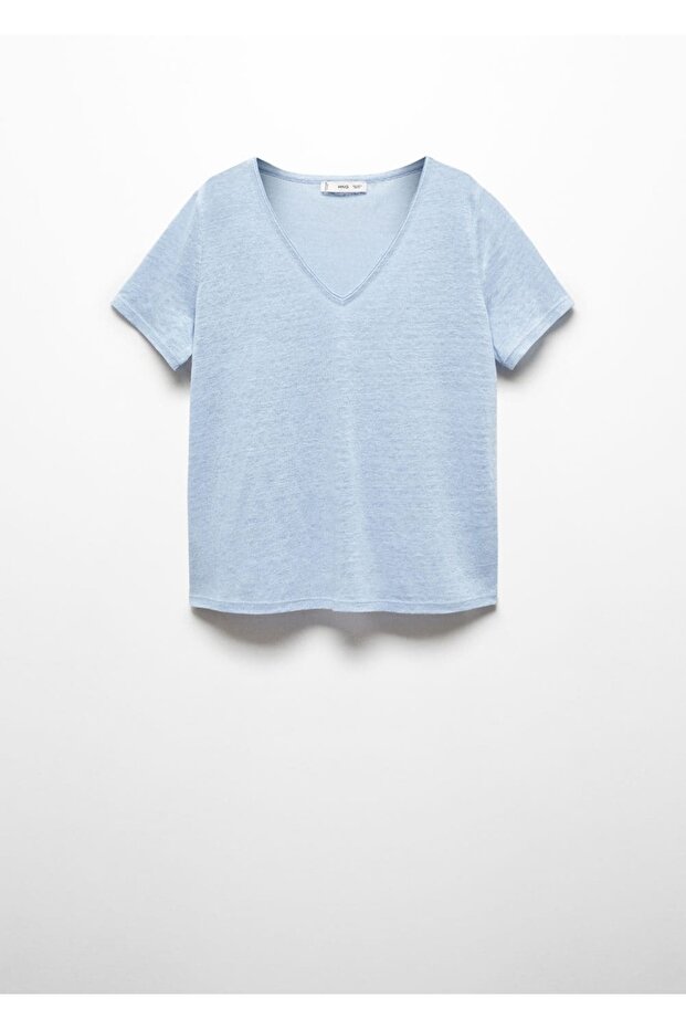 V yakalı keten tişört - 3