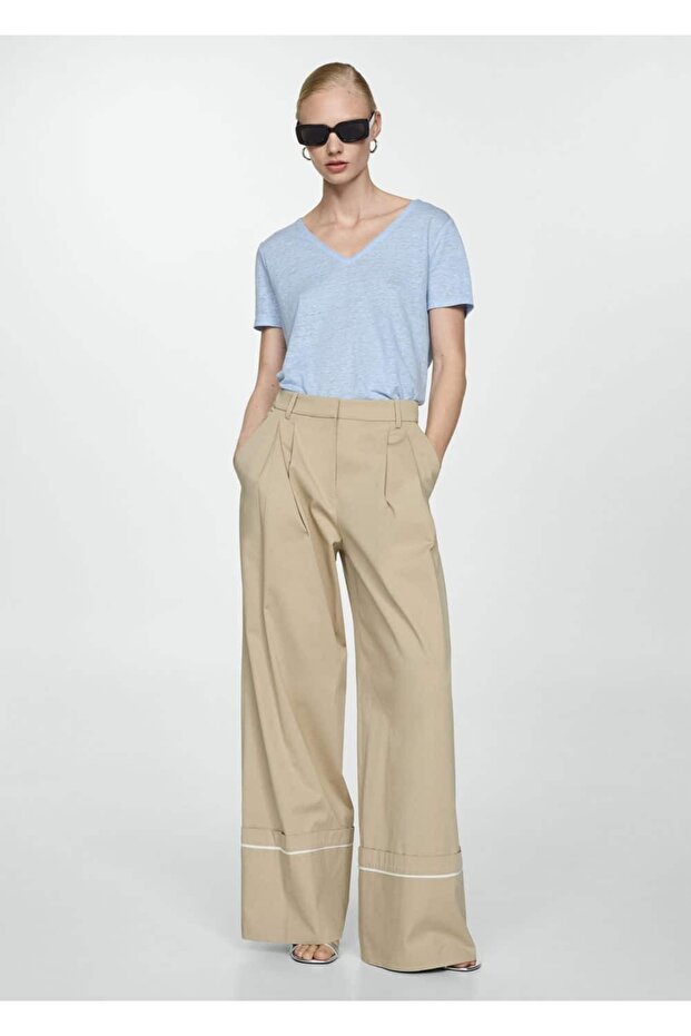 V yakalı keten tişört - 2