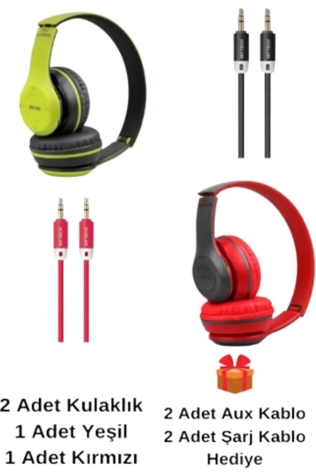 Ghazal 2 Adet P47 Extra Bass Wireless Bluetooth Kulaklık 5.0 Edr Yeşil+kırmızı 2 Adet - 2