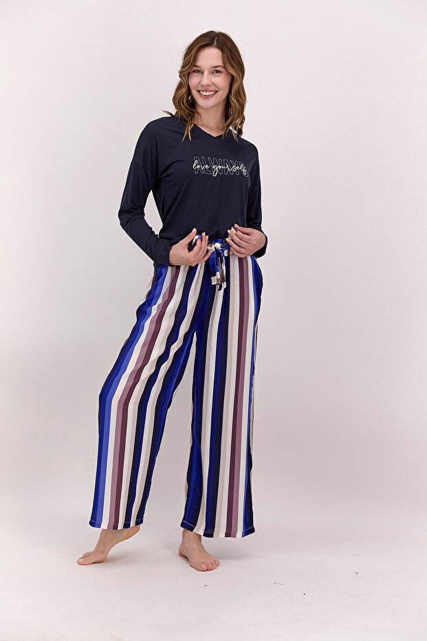 1481 Always Love Yourself Navy Blue Women's Long Sleeve Pajama Set