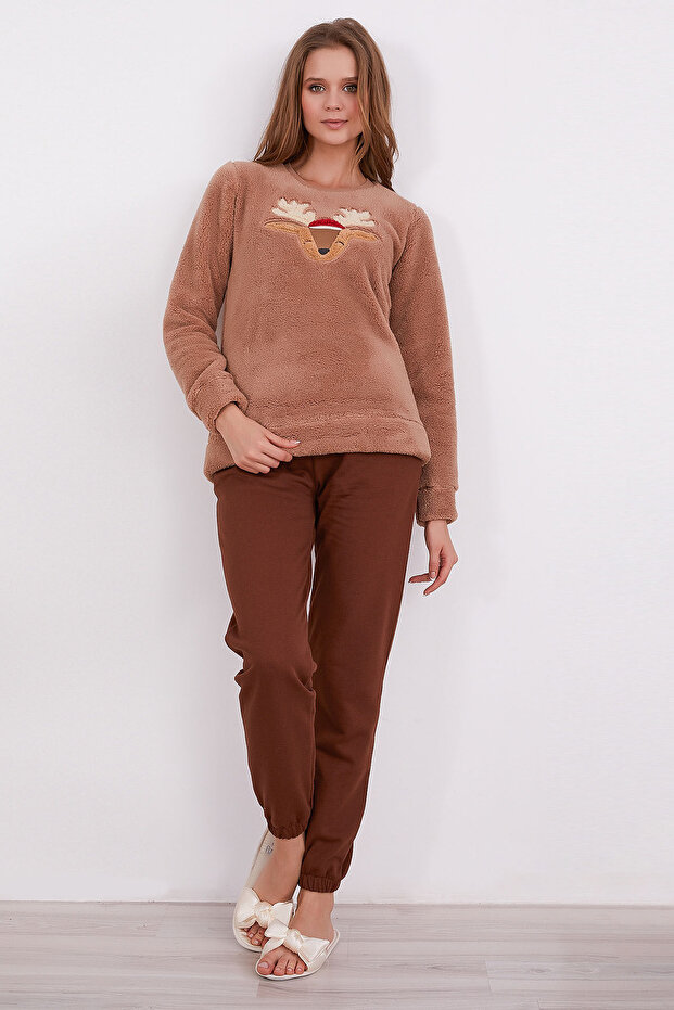 طقم بيجامة نسائي بأكمام طويلة من Deer Brown