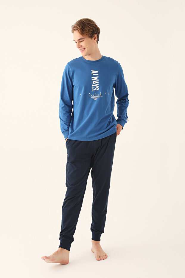 Erkek Mavi Uzun Kol Pijama Takım - 1
