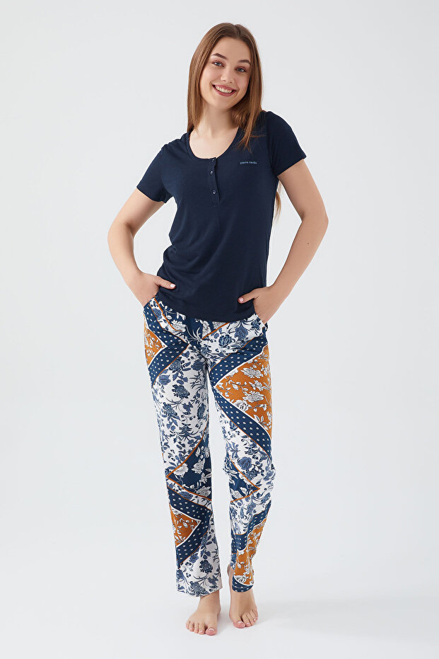 Flowered Leaves Navy Blue Women's Short Sleeve Pajama Set