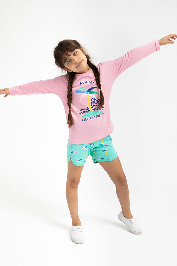 Rolypoly Feeling Tropical Pink Girls' Long-Sleeve Shorts Set