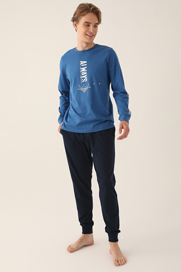 Erkek Mavi Uzun Kol Pijama Takım - 2