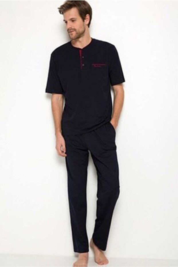 Men's Navy Blue Combed Cotton 3-Piece Boxed Pajama Set with Shorts