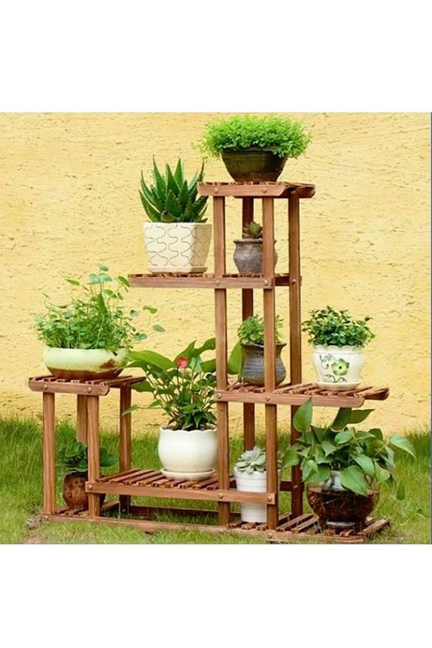 10 Raflı Ahşap Balkon Saksı Standı Bahçe Saksılık Çiçek Rafı - 1