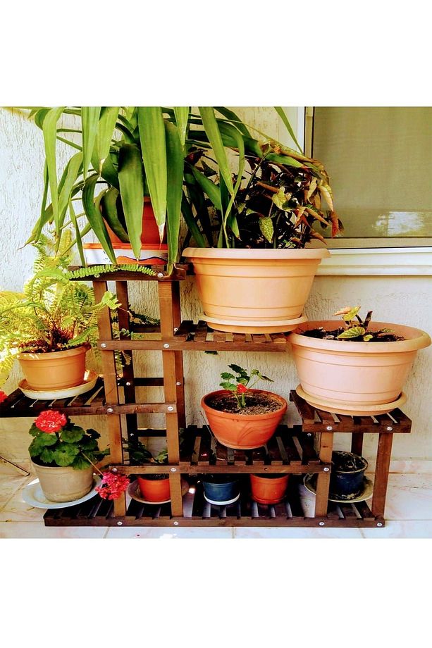 10 Raflı Ahşap Balkon Saksı Standı Bahçe Saksılık Çiçek Rafı - 3