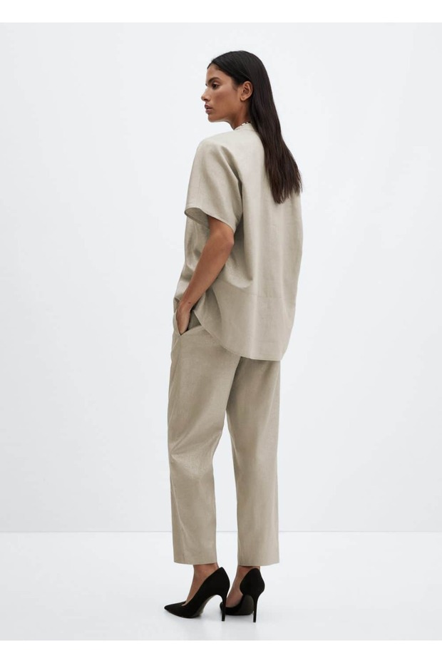 Keten karışımlı beli elastik pantolon - 4