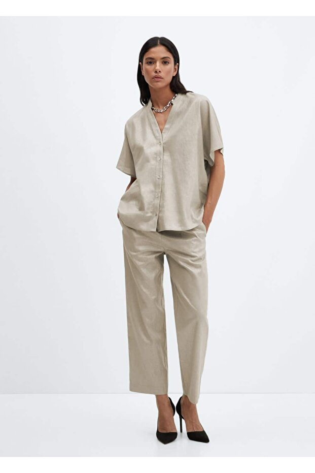 Keten karışımlı beli elastik pantolon - 2