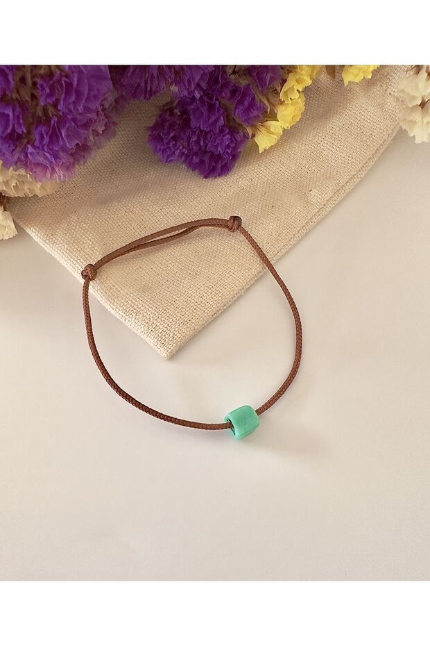 Mint Green Glass Square Cube Brown Rope Bracelet