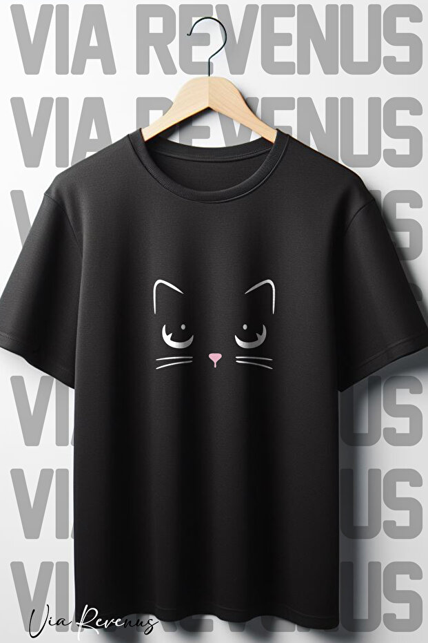 Cat Printed Oversized Loose Fit Crew Neck Black T-shirt