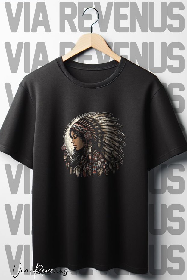 Native American Women's Printed Oversize Wide Fit Crew Neck Black Tshirt