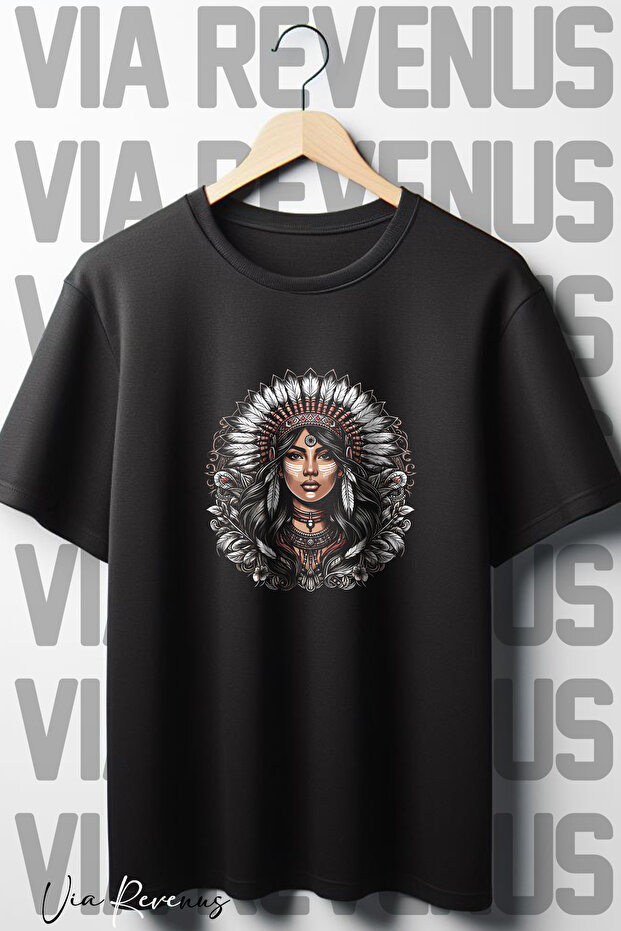 Native American Woman Printed Oversized Loose Fit Crew Neck Black T-shirt