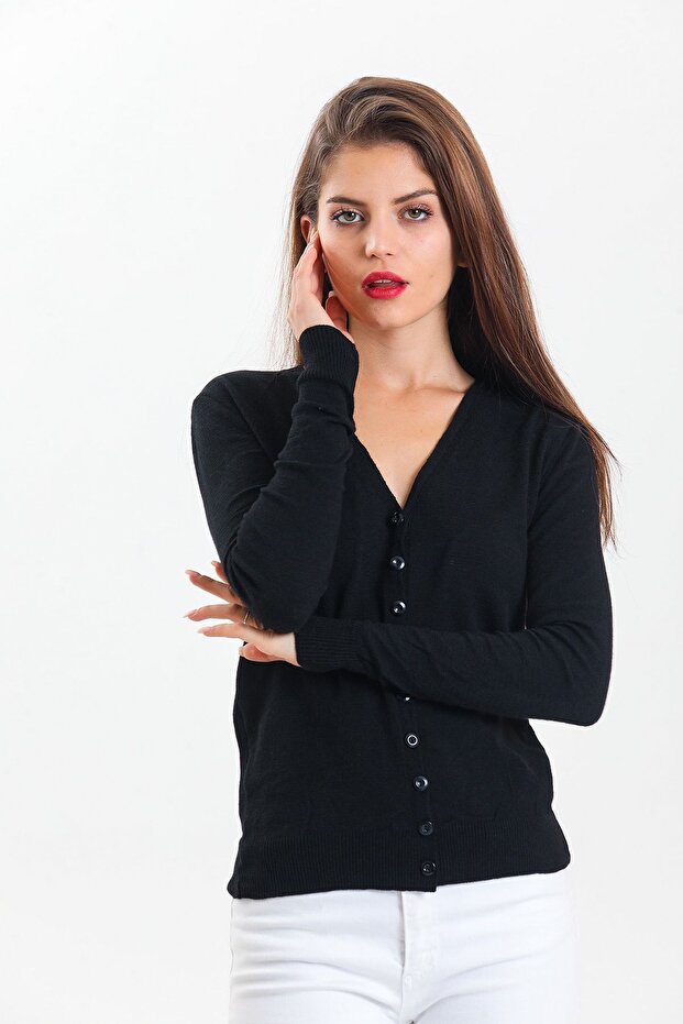 Kadın Düğmeli V Yaka Basic Siyah Triko Hırka - 1
