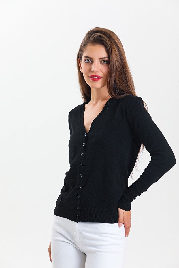 Kadın Düğmeli V Yaka Basic Siyah Triko Hırka - 4