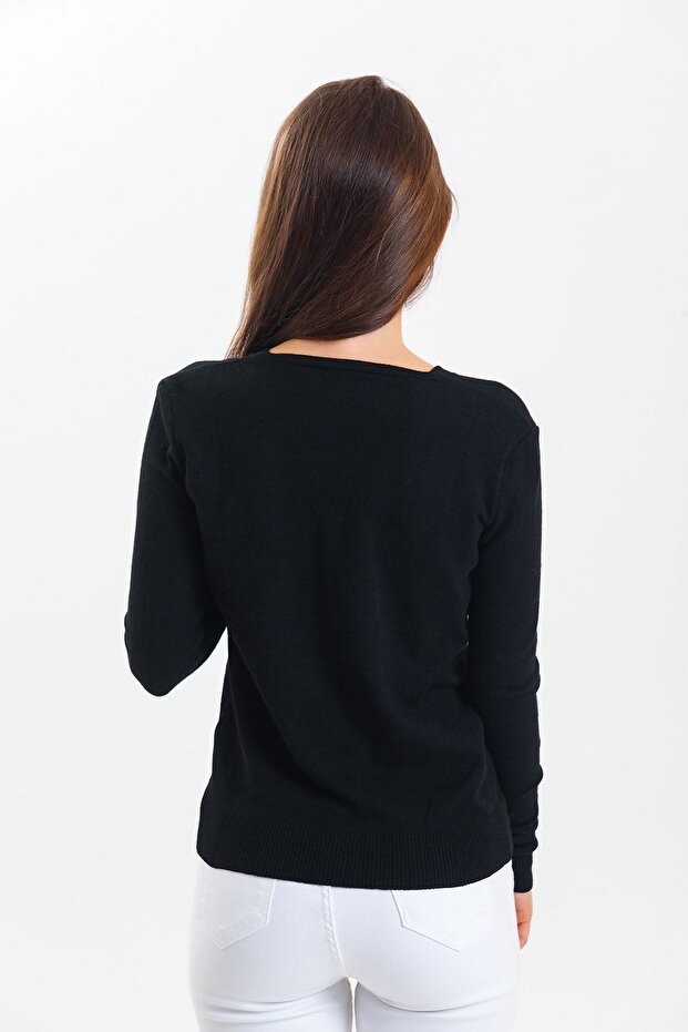 Kadın Düğmeli V Yaka Basic Siyah Triko Hırka - 3