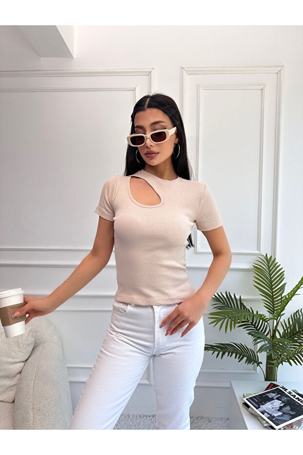 Kadın Krem Pencere Detaylı Fitilli Örme Bluz - 1