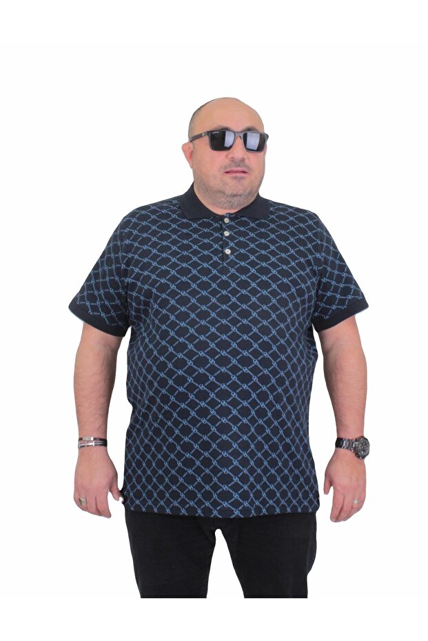 Men's Large Size Polo Collar T-Shirt Square 24452 Navy Blue