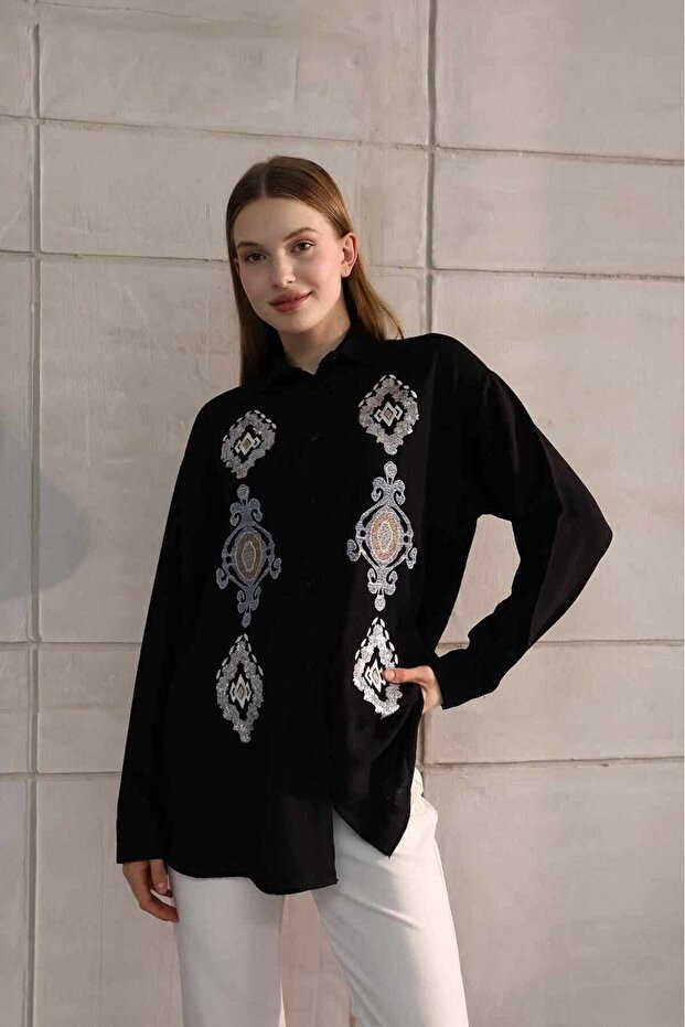 Keten Nakışlı Pullu Gömlek - 1