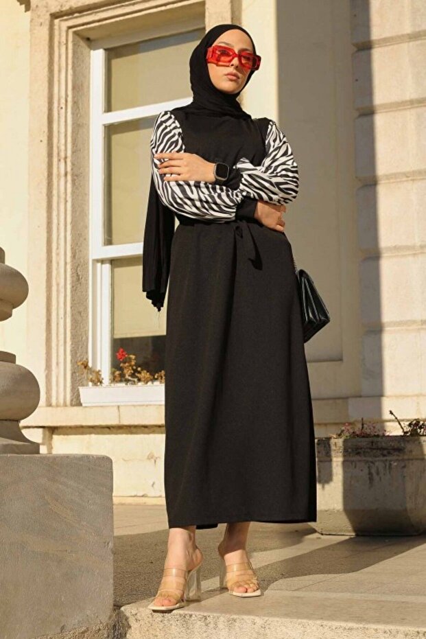 Siyah Kolları Zebra Desen Elbise - 2