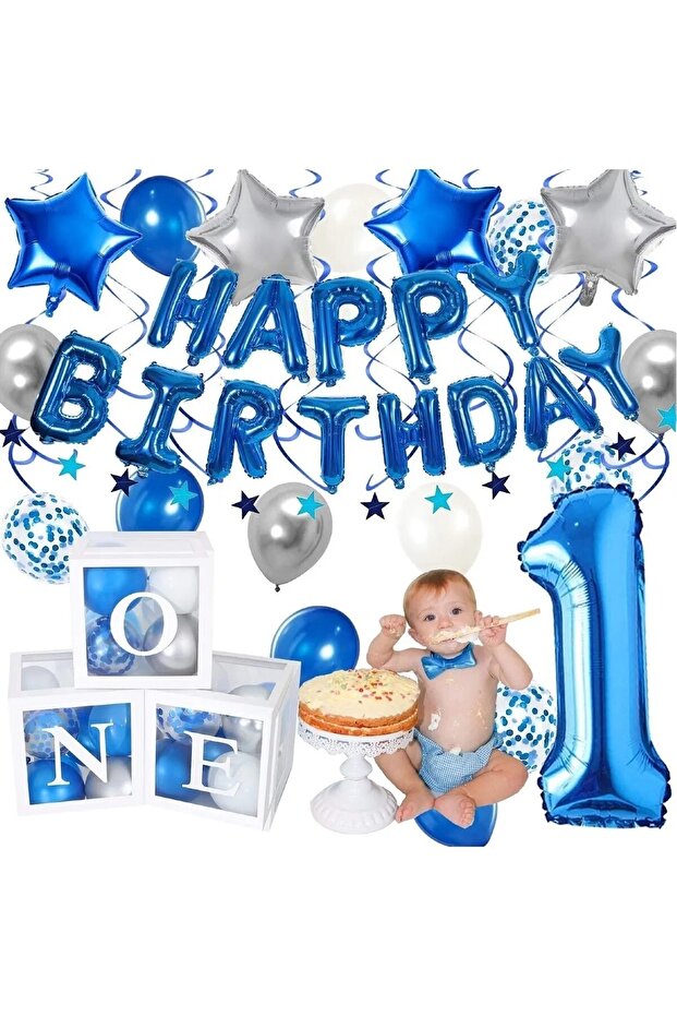 White One Boxed Blue 1st Birthday Foil Balloon Chain Birthday Set Happy Birthday Party Set