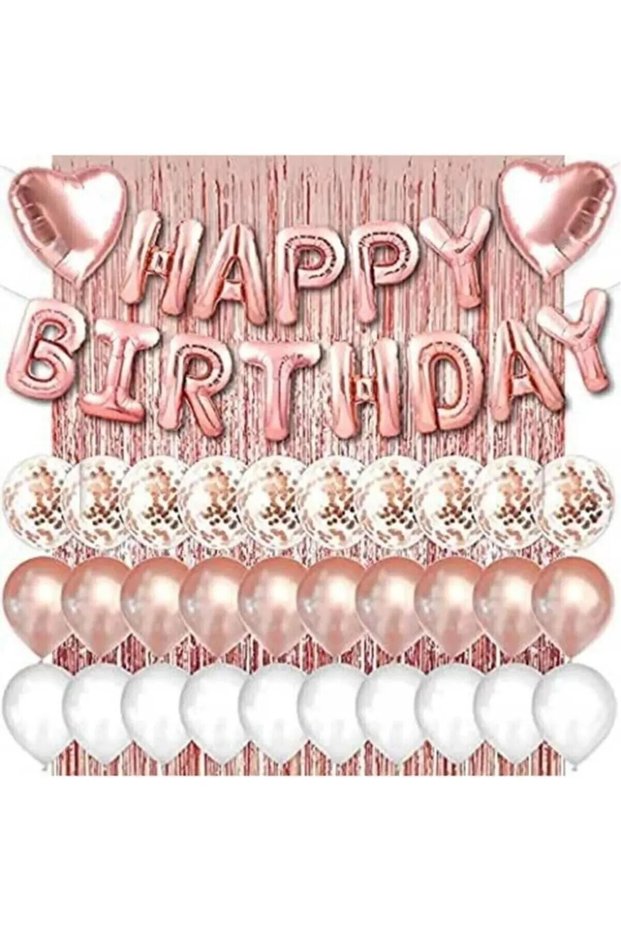 Pink Rose Gold - Background Curtain Set with Happy Birthday and Heart Foil and 30 White Transparent Balloons