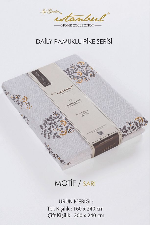 %100 Pamuklu Baskılı Tek Kişilik Tek Pike Motif Sarı 160x240 - 1