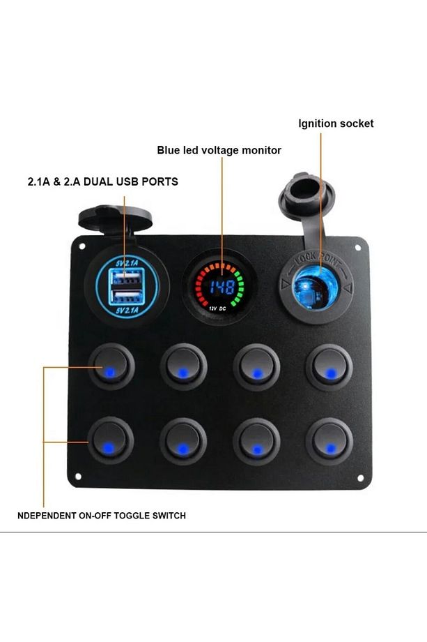 12v Kontrol Paneli Sigorta 8 On-off Düğme 2 Şarj Soketi Çakmaklık Voltaj Göstergeli Karavan - 1