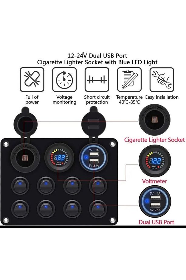 12v Kontrol Paneli Sigorta 8 On-off Düğme 2 Şarj Soketi Çakmaklık Voltaj Göstergeli Karavan - 4