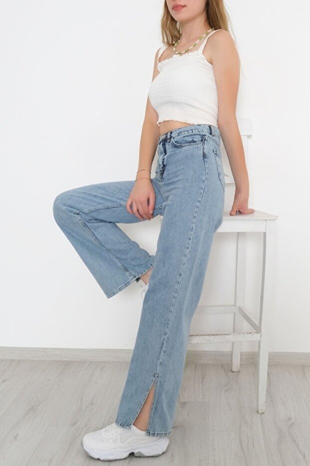 Light Blue Leg Slit Wide Leg Jeans Wide Leg Jeans