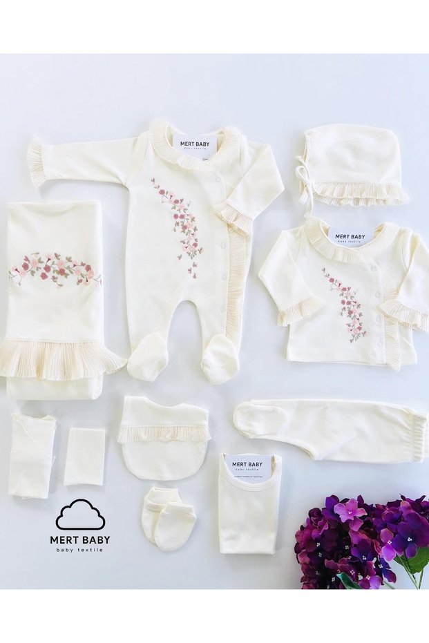 Flower Embroidered Lace Detailed 10-Piece Organic Hospital Discharge Set 100% Cotton Newborn Baby Girl