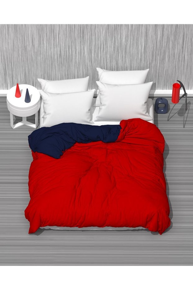 Double Two Color (Red-Navy Blue) Cotton Ranforce Kmş Duvet Cover, Duvet Cover (200 x 230 cm)