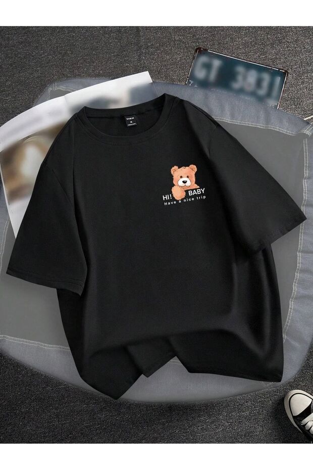 Teddy Bear Pattern - Black and White Oversize T-Shirt with Pocket Detail