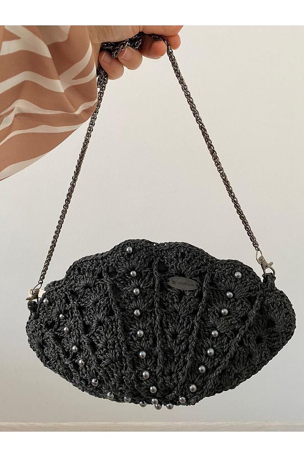 İstiridye detaylı hasır çanta spor şık zincir askı siyah örgü kağıt ip (handmade bag) - 4