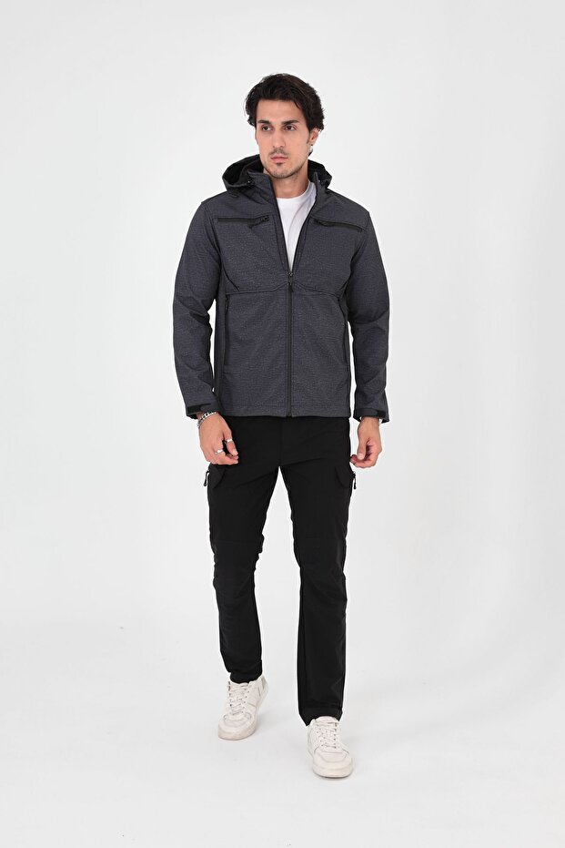 Camp456 Outdoor Softshell Water & Wind Resistant Inside Fleece Portable Hood Men's Anthracite Tactical Coat