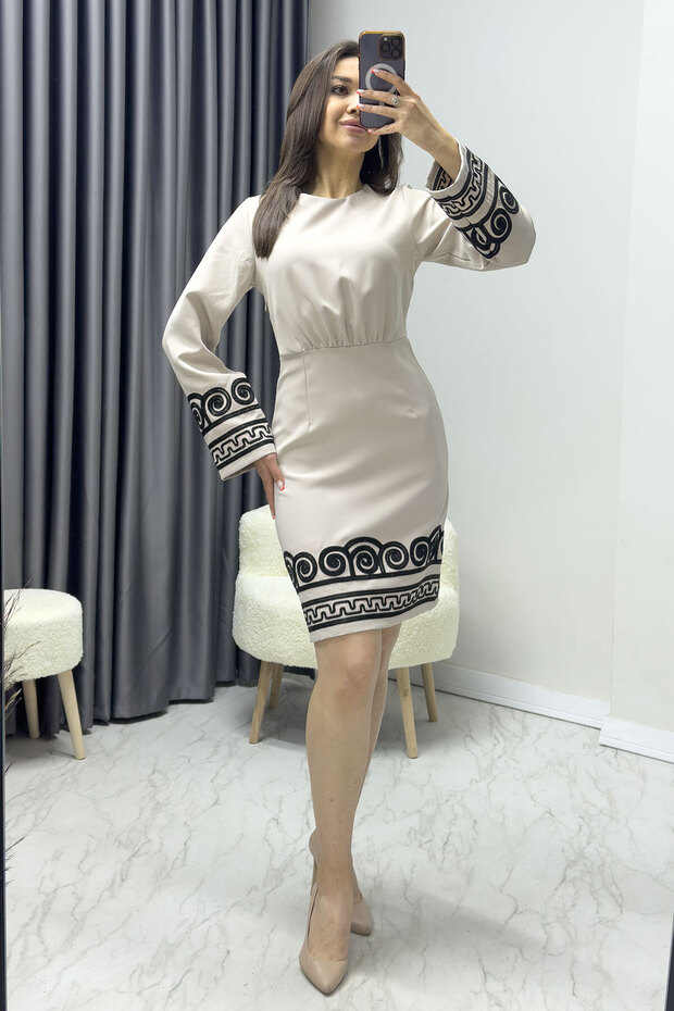 Women's Long Sleeve Embroidery Embroidered Dress Beige, Black