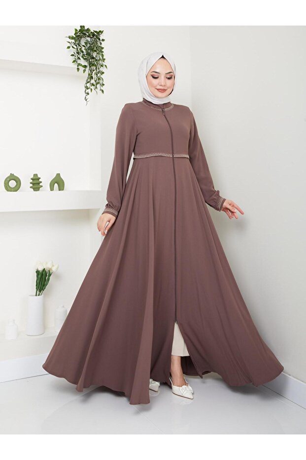 Summer Mevlana Model Flared Abaya/Coat with Patterned Sleeves and Waist