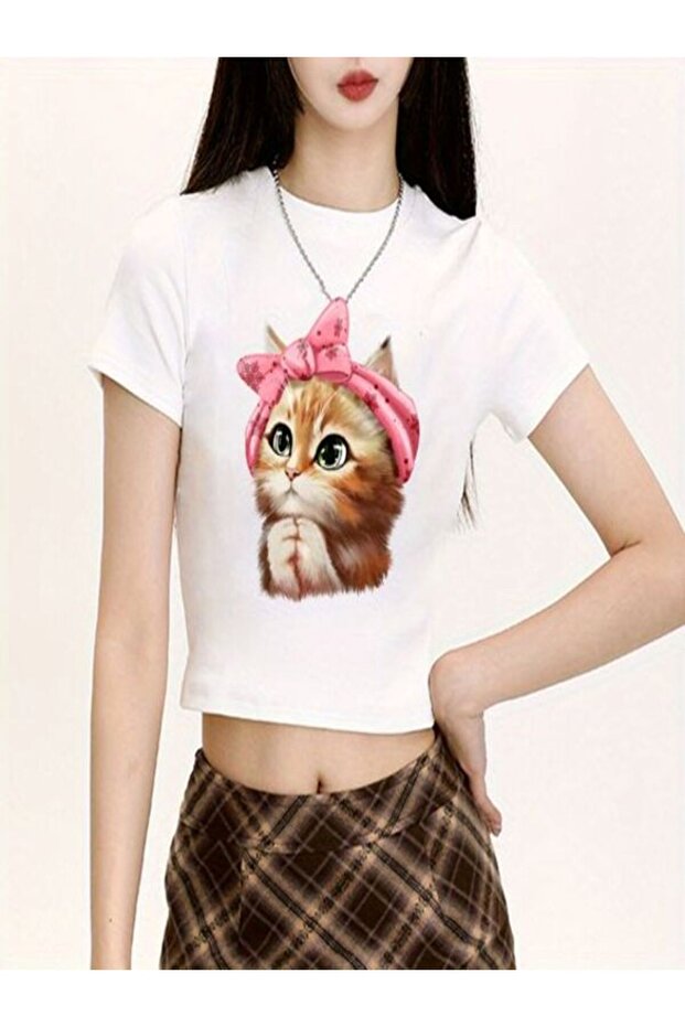 White Printed Oversize T-Shirt - Crew Neck, Short Sleeve