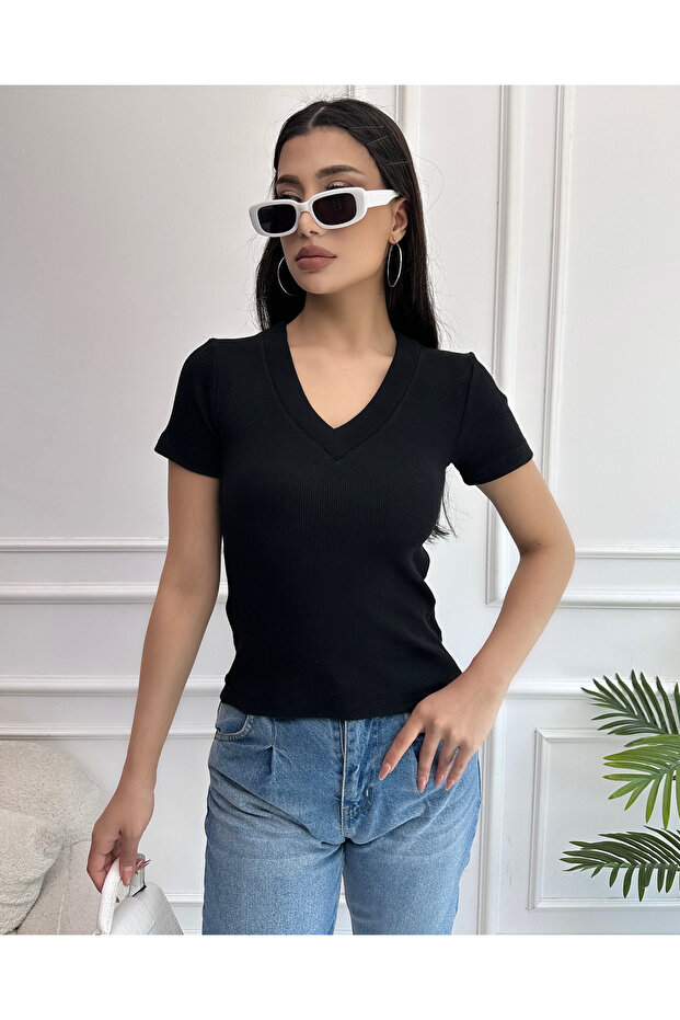 Kadın Siyah V Yaka Fitilli Örme Bluz - 2