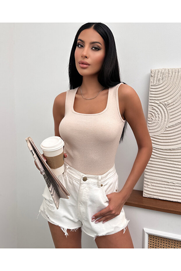 Kadın Krem Geniş Askılı Fitilli Örme Bluz - 1